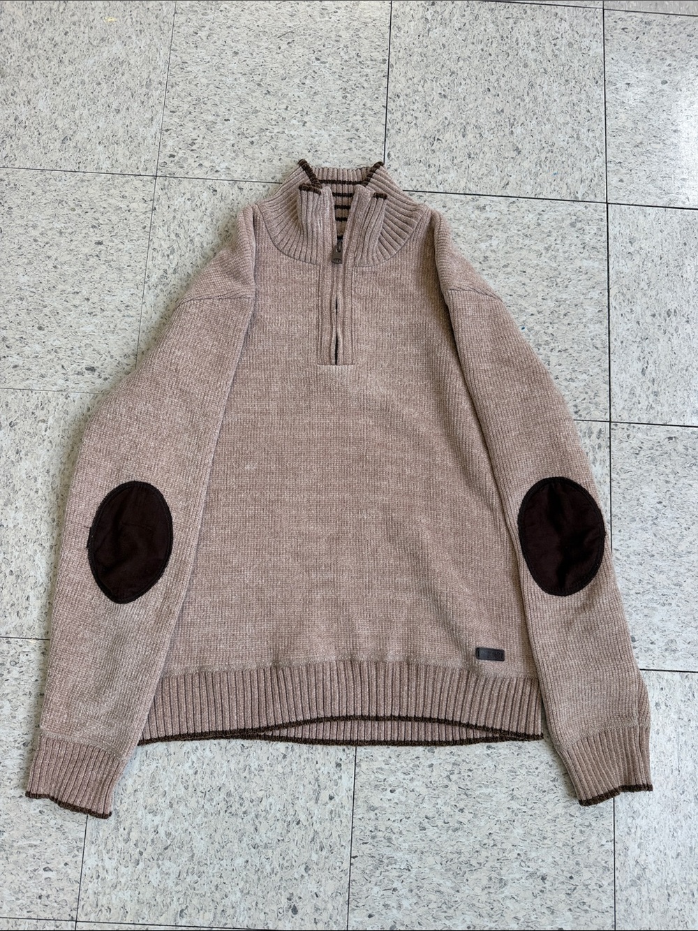 Buffalo David Bitton Brand New Taupe Half-Zip Sweater with brown elbow patches